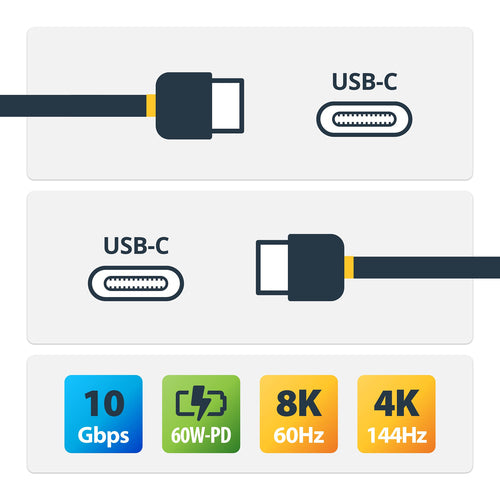 StarTech.com 1.6ft (50cm) USB-C Cable, USB 10Gbps, 60W (3A) Power Delivery, 8K 60Hz / 4K 144Hz DP Alt Mode - Thunderbolt Compatible