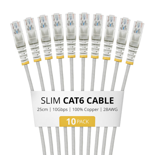StarTech.com 25cm Gray Slim CAT6 Cable, 10 Pack, Snagless, 100W PoE, UTP, LSZH, 28AWG Pure Bare Copper Wire, Slim RJ45 Network Patch Cord w/Strain Reliefs, Individually Tested
