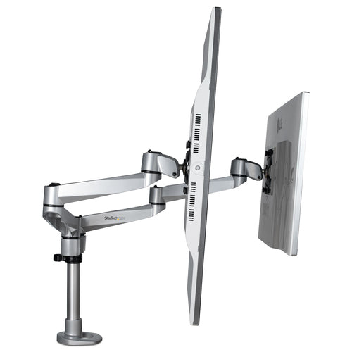 StarTech.com Desk Mount Dual Monitor Arm - Premium Articulating Monitor Arm - up to 27" (17.6lb/8kg) VESA Mount Displays - Height Adjustable Monitor Mount - Rotate/Tilt/Swivel - Clamp/Grommet - Silver - TAA