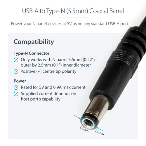 STARTECH 1M USB A TO 5.5mm DC BARREL CONNECTOR (5V), LTW