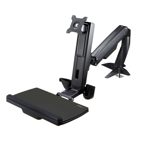 StarTech.com Sit Stand Monitor Arm - Desk Mount Adjustable Sit-Stand Workstation Arm for Single 27" VESA Mount Display - Ergonomic Articulating Standing Desk Converter with Keyboard Tray - TAA