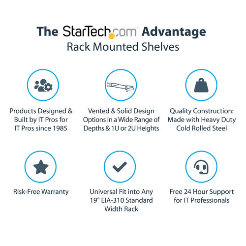 StarTech.com 2U Server Rack Shelf - Universal Vented Rack Mount Cantilever Tray for 19" Network Equipment Rack & Cabinet - Heavy Duty Steel - Weight Capacity 50lb/23kg - 16" Deep Shelf, Black - TAA