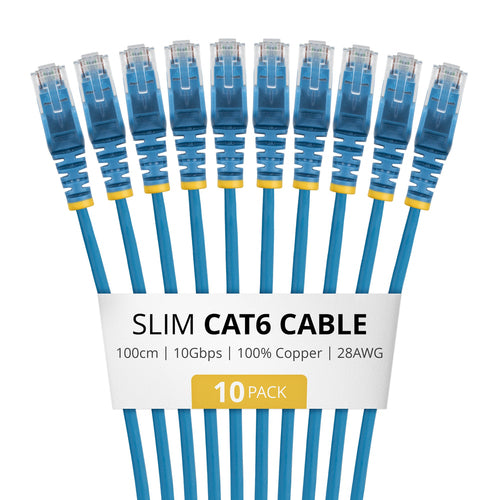 StarTech.com 1m Blue Slim CAT6 Cable, 10 Pack, Snagless, 100W PoE, UTP, LSZH, 28AWG Pure Bare Copper Wire, Slim RJ45 Network Patch Cord w/Strain Reliefs, Individually Tested
