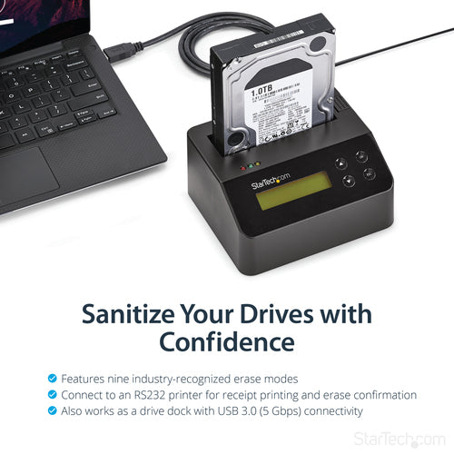 StarTech.com Single Bay Hard Drive Eraser, Standalone HDD/SSD Sanitizer, USB 3.0 to SATA II (3 Gbps), 9 Erase Modes, LCD Display, Secure Erase Hard Disk Sanitizer Dock, DB-9 Printer Port, TAA Compliant