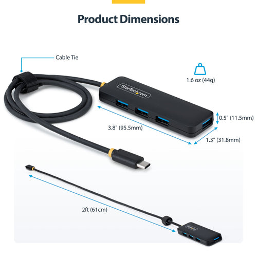 StarTech.com 4-Port USB-C Hub, 5Gbps, Bus Powered, USB-C to 4x USB-A Mini Hub, Extra Long 2ft/61cm Host Cable, PCR Plastic, Portable Desktop / Laptop USB Hub
