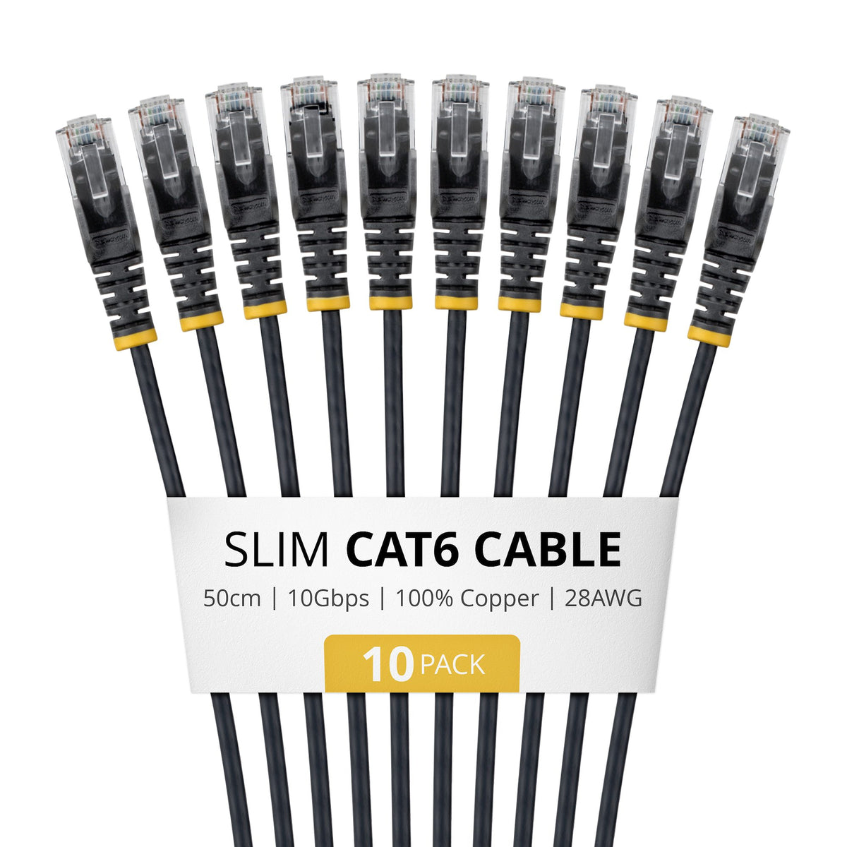 StarTech.com 50cm Black Slim CAT6 Cable, 10 Pack, Snagless, 100W PoE, UTP, LSZH, 28AWG Pure Bare Copper Wire, Slim RJ45 Network Patch Cord w/Strain Reliefs, Individually Tested