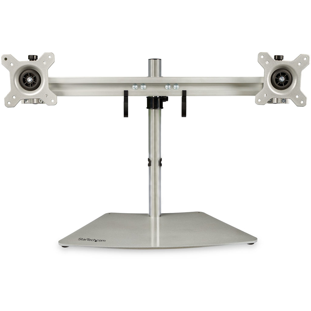 StarTech.com Dual Monitor Stand - Ergonomic Free Standing Dual Monitor Desktop Stand for two 24" (17.6lb/8kg) VESA Mount Displays - Synchronized Height Adjustable - Double Monitor Pole Mount - Silver