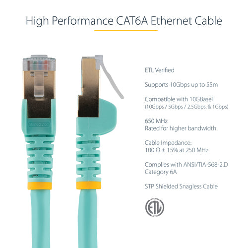 StarTech.com 5m CAT6a Ethernet Cable - 10 Gigabit Shielded Snagless RJ45 100W PoE Patch Cord - 10GbE STP Network Cable w/Strain Relief - Aqua Individually Tested/Wiring is UL Certified/TIA