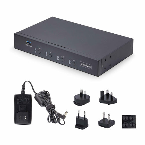 StarTech.com 4-Port KM Switch with Mouse Switching, USB Switch for Keyboard/Mouse, 3.5mm/USB Audio, Peripheral Sharing for 4 Computers, TAA Compliant