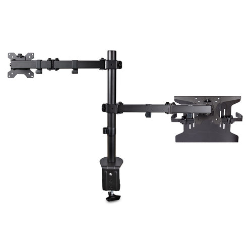 StarTech.com Monitor Arm with VESA Laptop Tray, For a Laptop (4.5kg/9.9lb) and a Single Display up to 32" (17.6lb/8kg), Black, Vented Tray, Adjustable Laptop Arm Mount, C-clamp/Grommet Mount