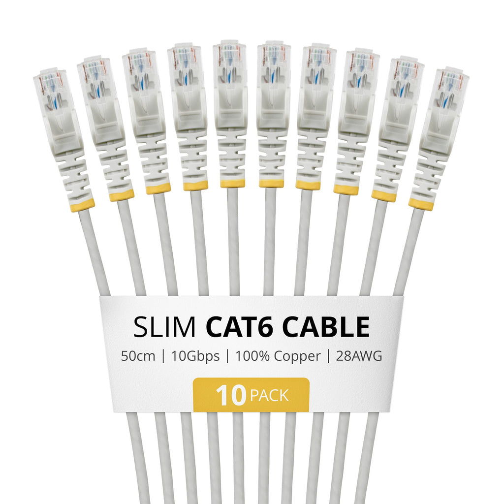 StarTech.com 50cm Gray Slim CAT6 Cable, 10 Pack, Snagless, 100W PoE, UTP, LSZH, 28AWG Pure Bare Copper Wire, Slim RJ45 Network Patch Cord w/Strain Reliefs, Individually Tested