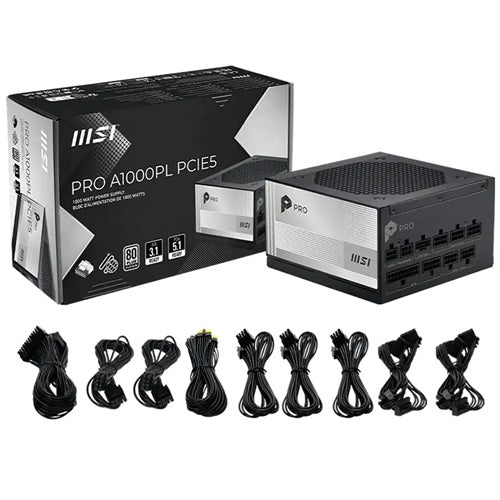 MSI PRO A1000PL PCIE5, 1000W, 80 Plus Platinum, Fully Modular, Fan: 120mm, ATX, 7 Year Warranty