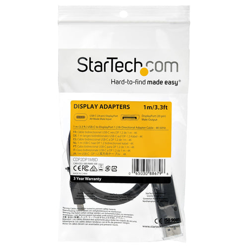 StarTech.com 3.3ft (1m) USB C to DisplayPort 1.2 Cable 4K 60Hz - Bidirectional DP to USB-C or USB-C to DP Reversible Video Adapter Cable - HBR2/HDR - USB Type C/Thunderbolt Monitor Cable
