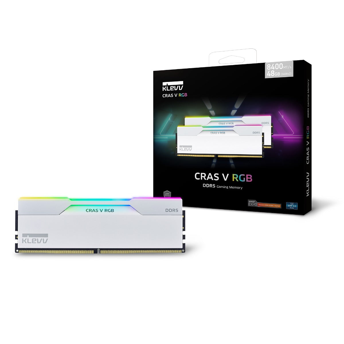 *Price Valid For SOH Only* Klevv KD5BGUA80-60A300J, CRAS V Gaming RGB RAM, UDIMM, DDR% 64GB(2x32GB), 6000MHz, CL30, 1.35V, White, Limited Lifetime Warranty